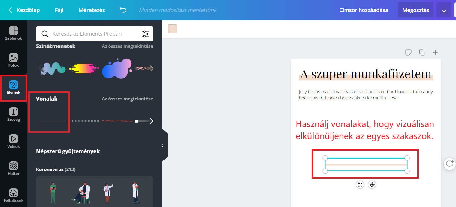 Vonal elem használata a Canvában