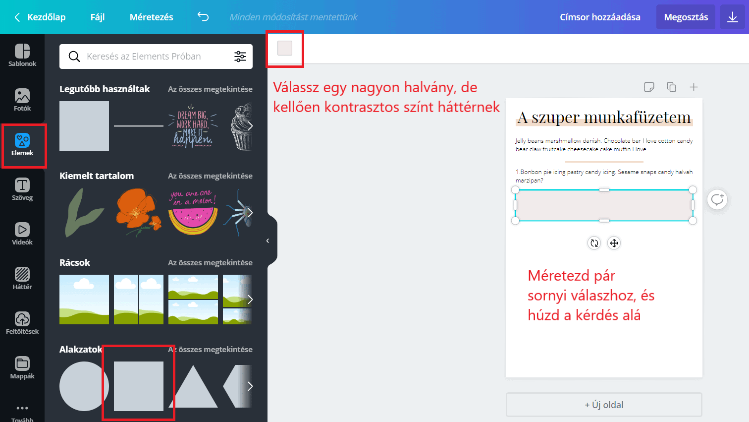 Szövegmező készítése Canvában téglalap elem segítségével