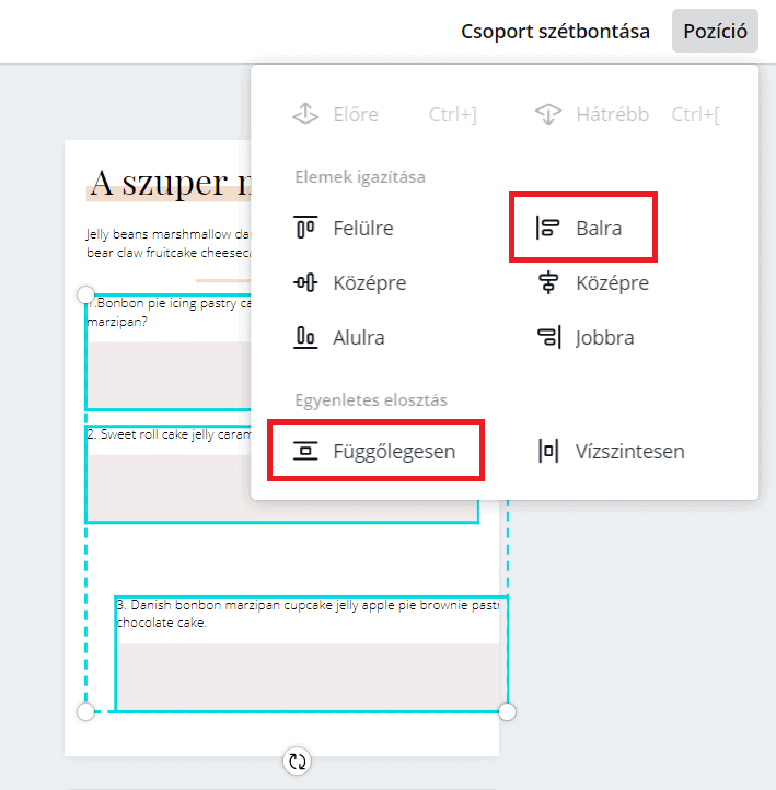 Elemek igazítása és egyenletes elosztás lehetőségek Canvában