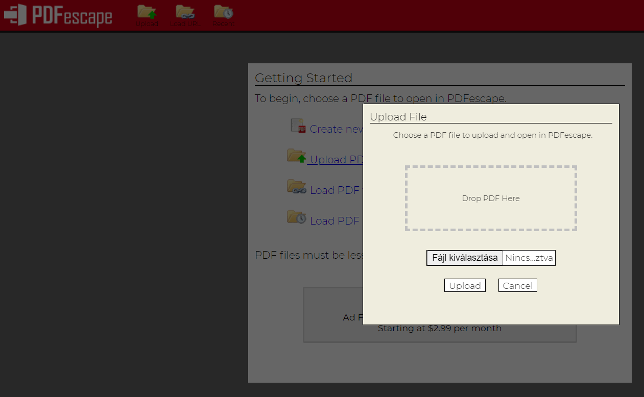 PDFescape fájl feltöltés