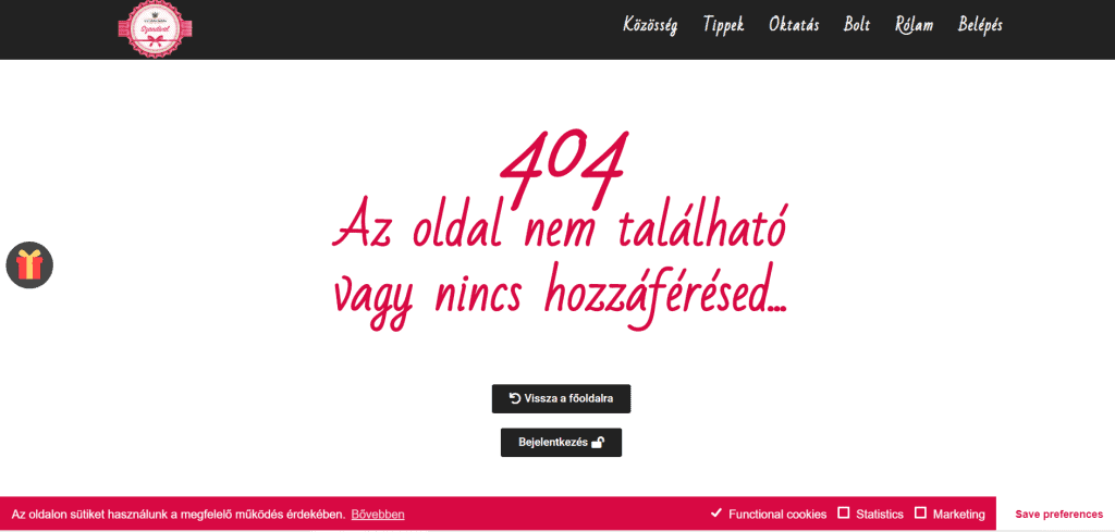 404-es oldalra példa a Sütiakadémia oldalán