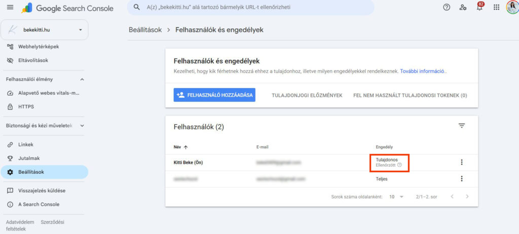 search console tulajdonos másolat